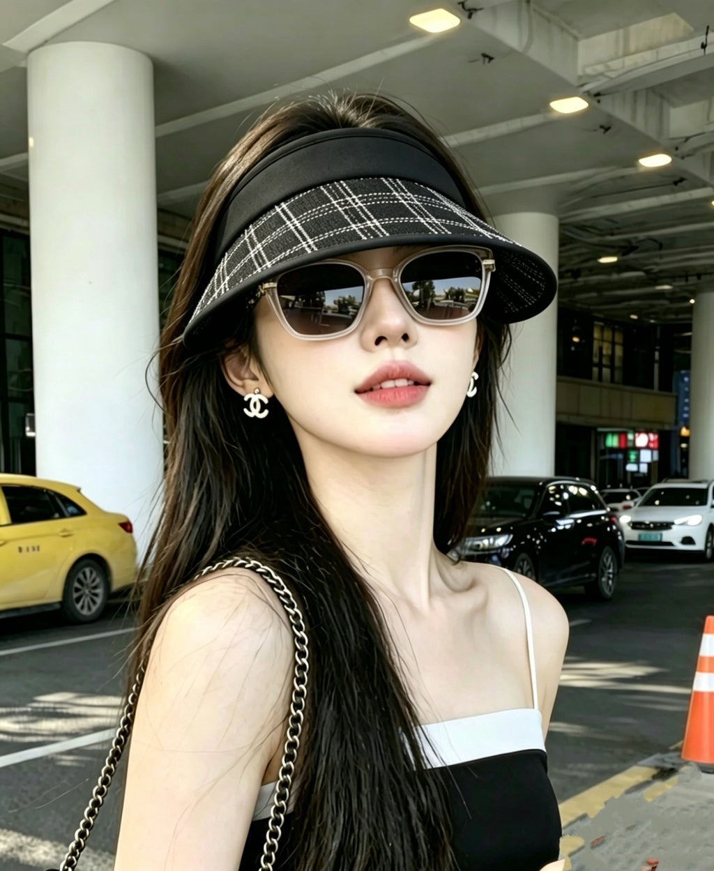 CHANEL Little Chanel Style Checkered Open-Top Hat