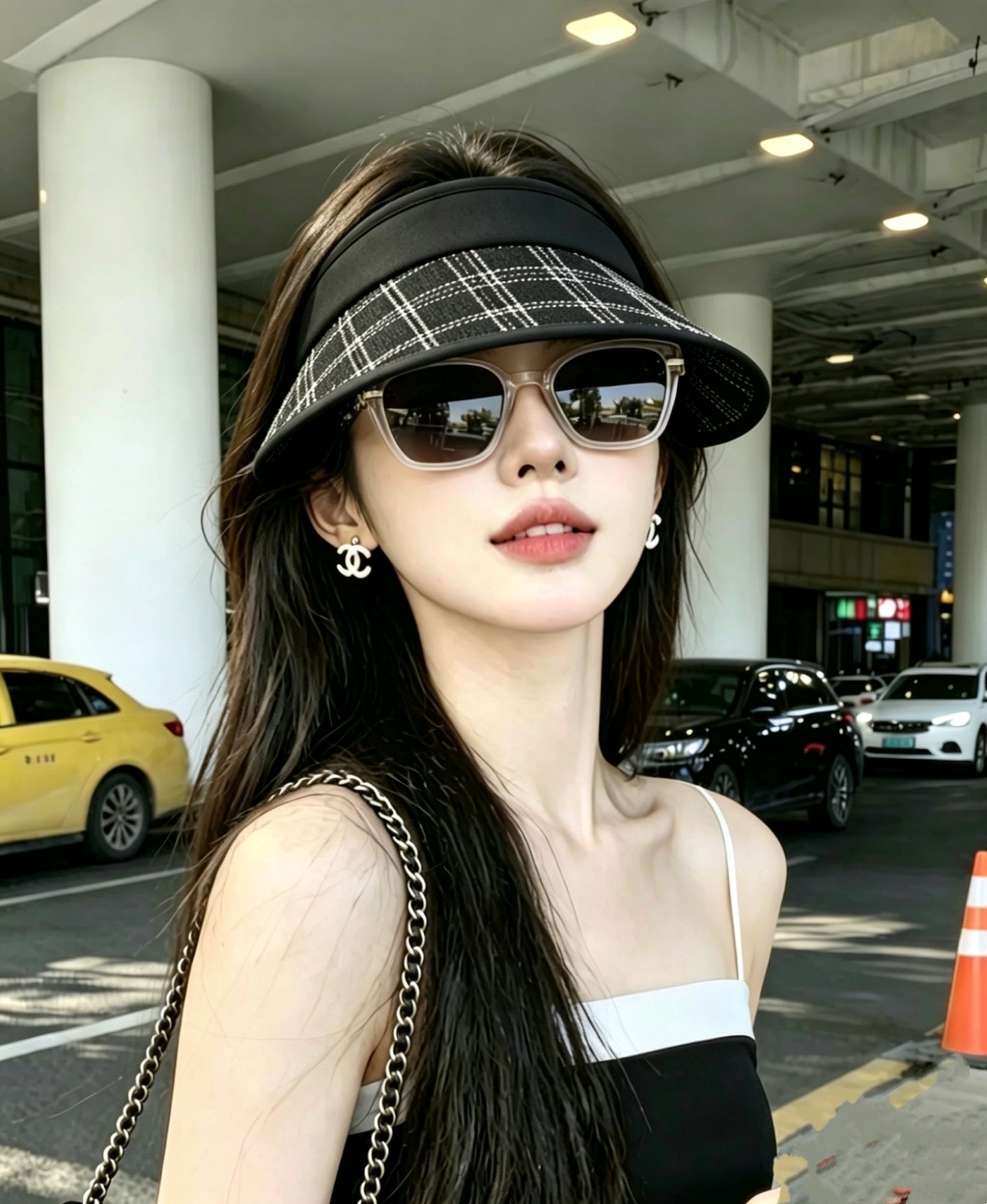 CHANEL Little Chanel Style Checkered Open-Top Hat