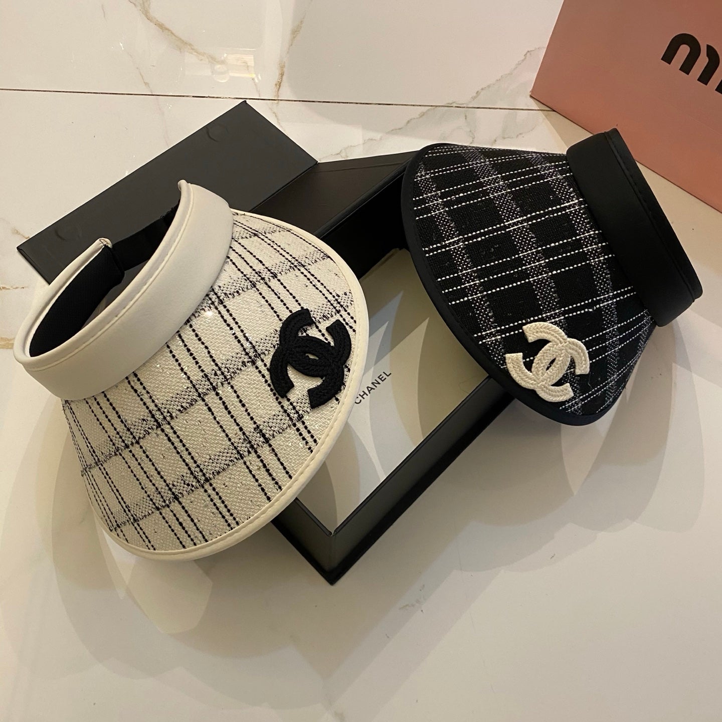 CHANEL Little Chanel Style Checkered Open-Top Hat