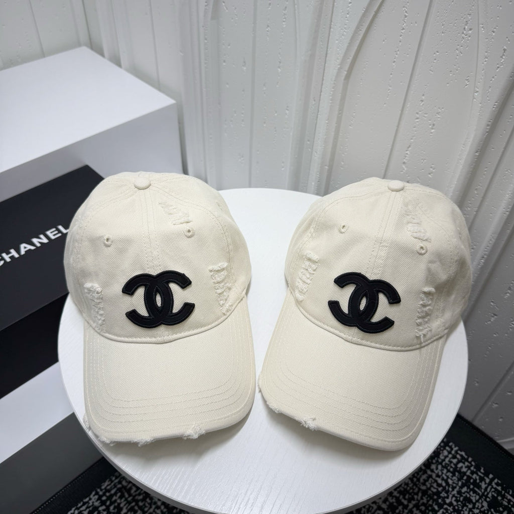 Chanel-inspired distressed baseball cap