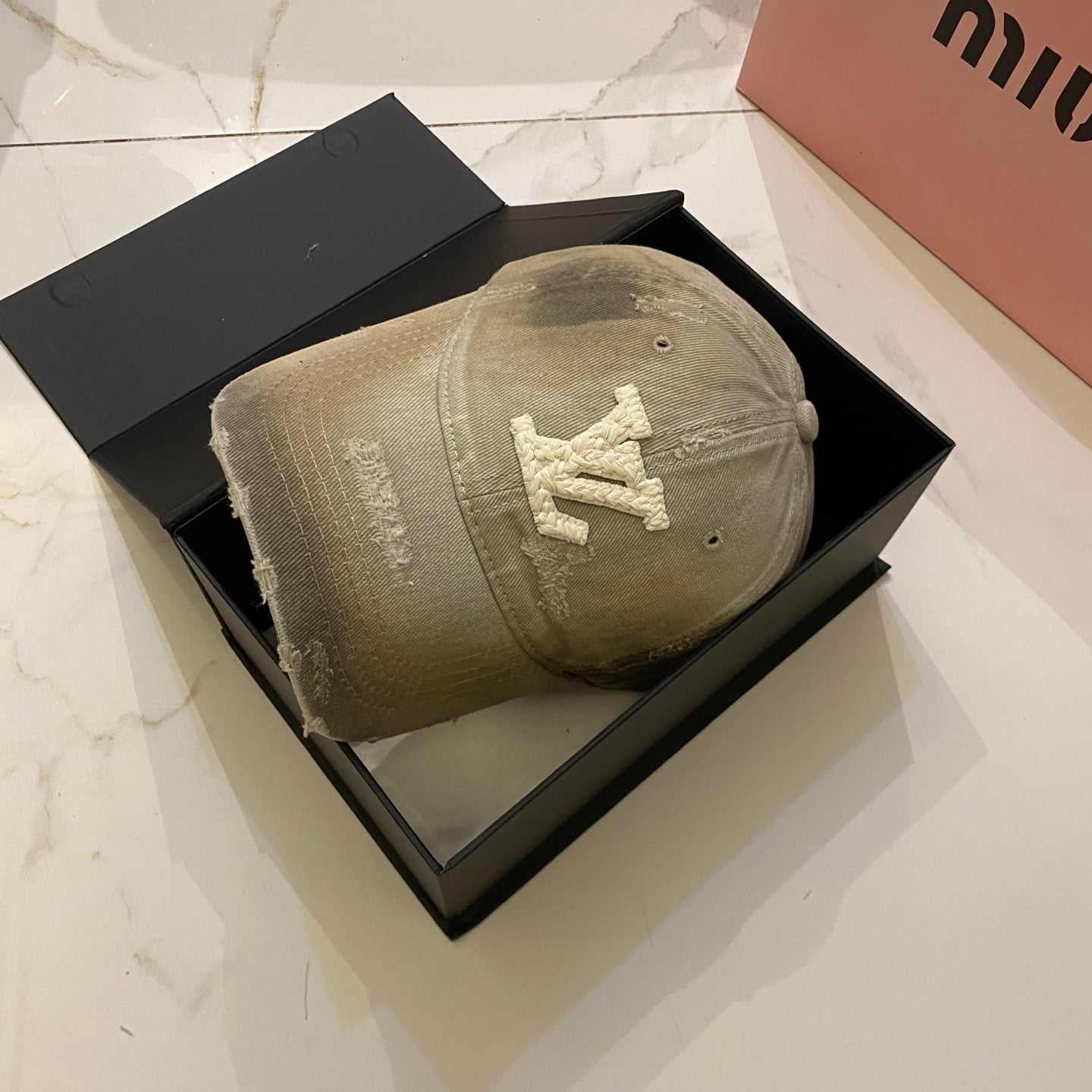 LV Baseball Cap with Distressed Craft and Woven Logo
