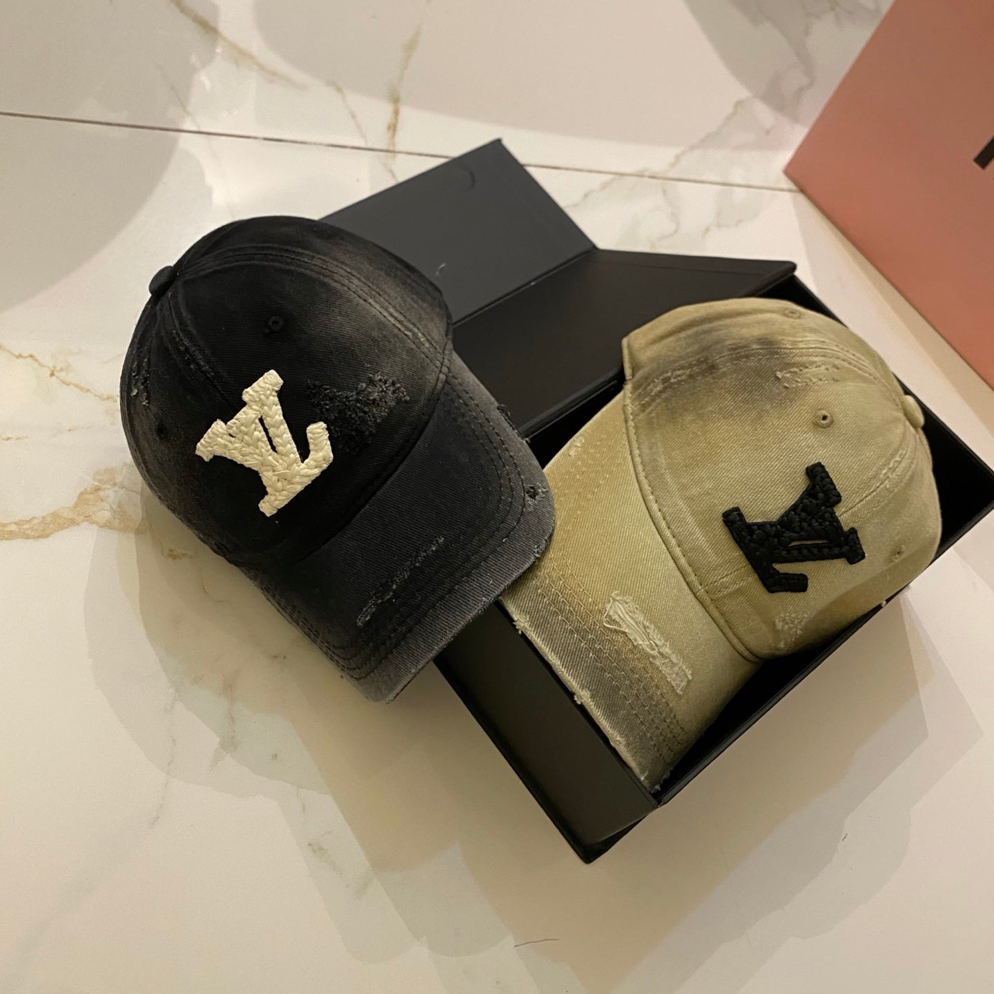 LV Baseball Cap with Distressed Craft and Woven Logo